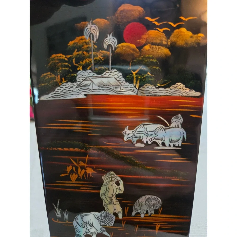 Phuong Nam Vietnam Lacquerware Mother of Pearl Inlay Wall Plaque Rural Landscape